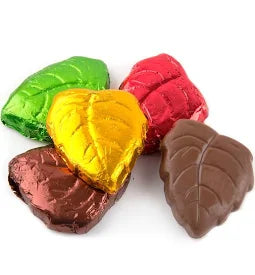 Milk chocolate leaves in red, gold, green and brown foil