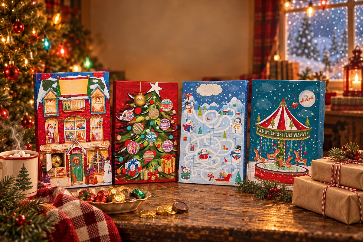 Four vintage-style chocolate advent calendars on a cozy wooden table by a Christmas tree and snowy window