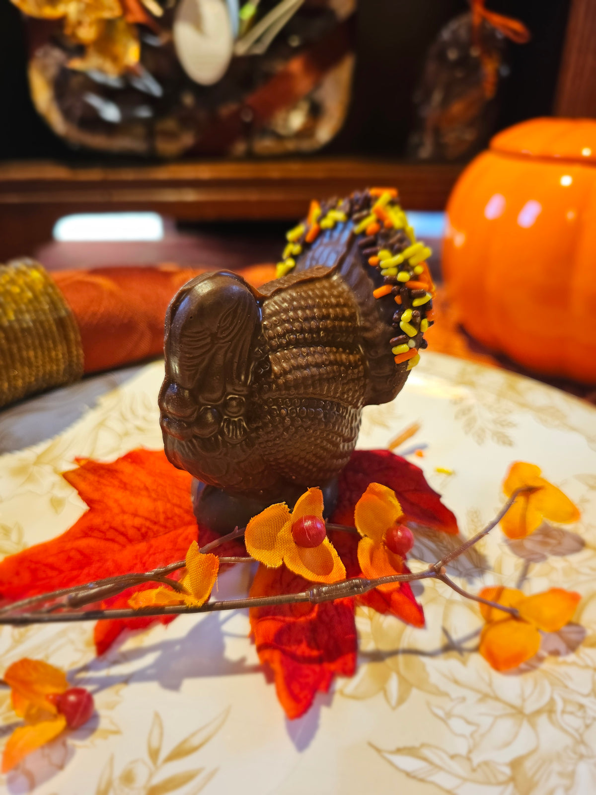 Hollow chocolate turkey with a fall sprinkle tail on a Thanksgiving place setting