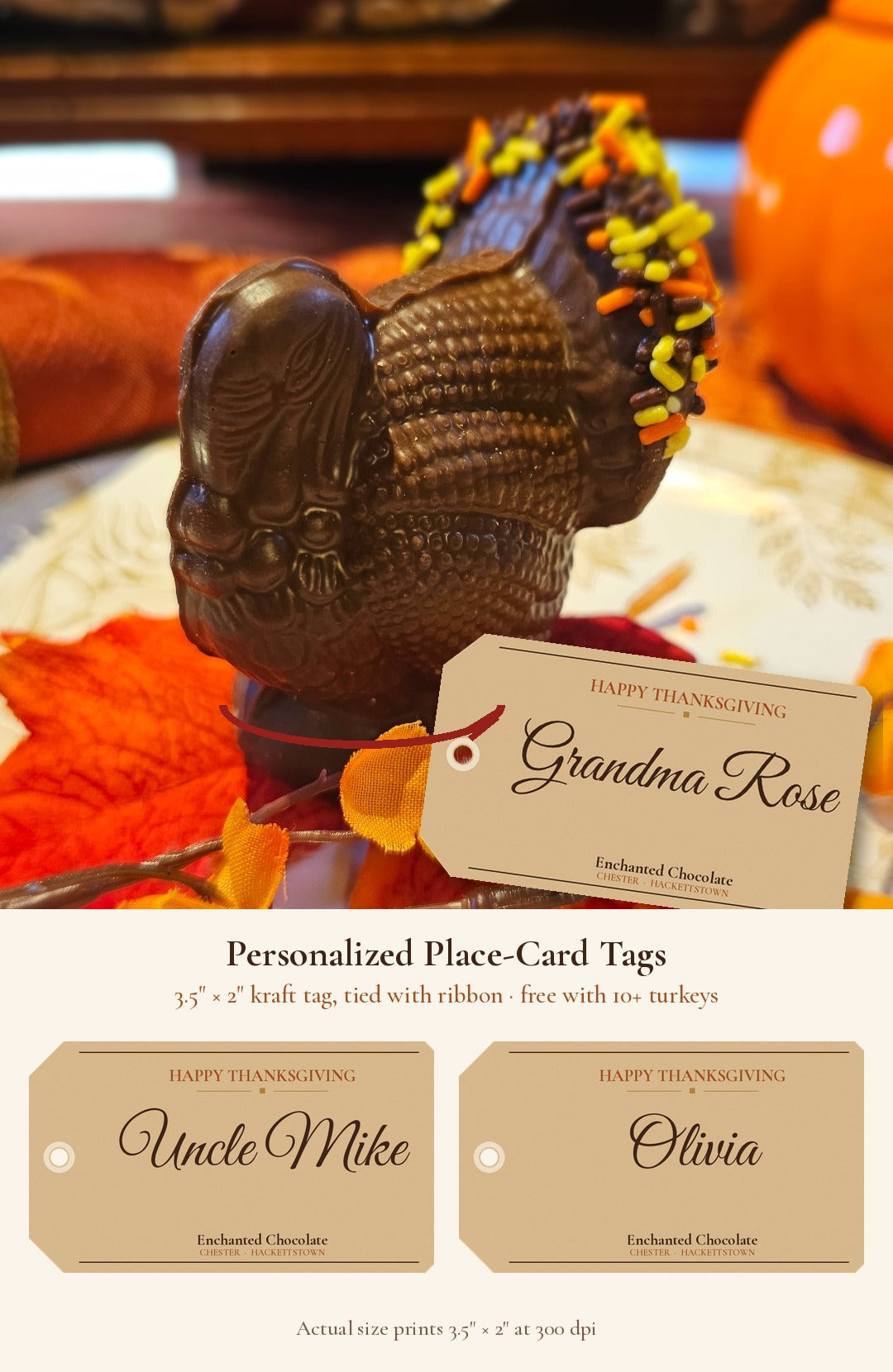 Personalized kraft name tags tied to chocolate turkeys, free with tables of 10 or more