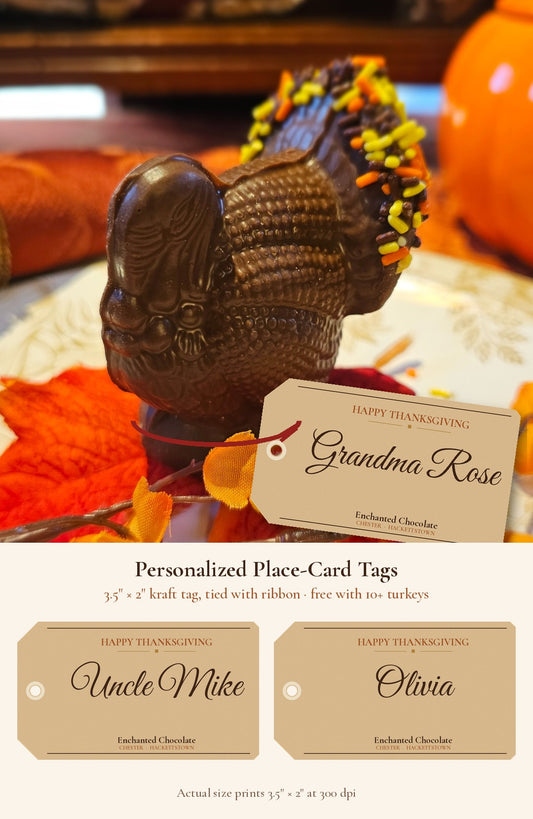 Personalized kraft name tags tied to chocolate turkeys, free with tables of 10 or more